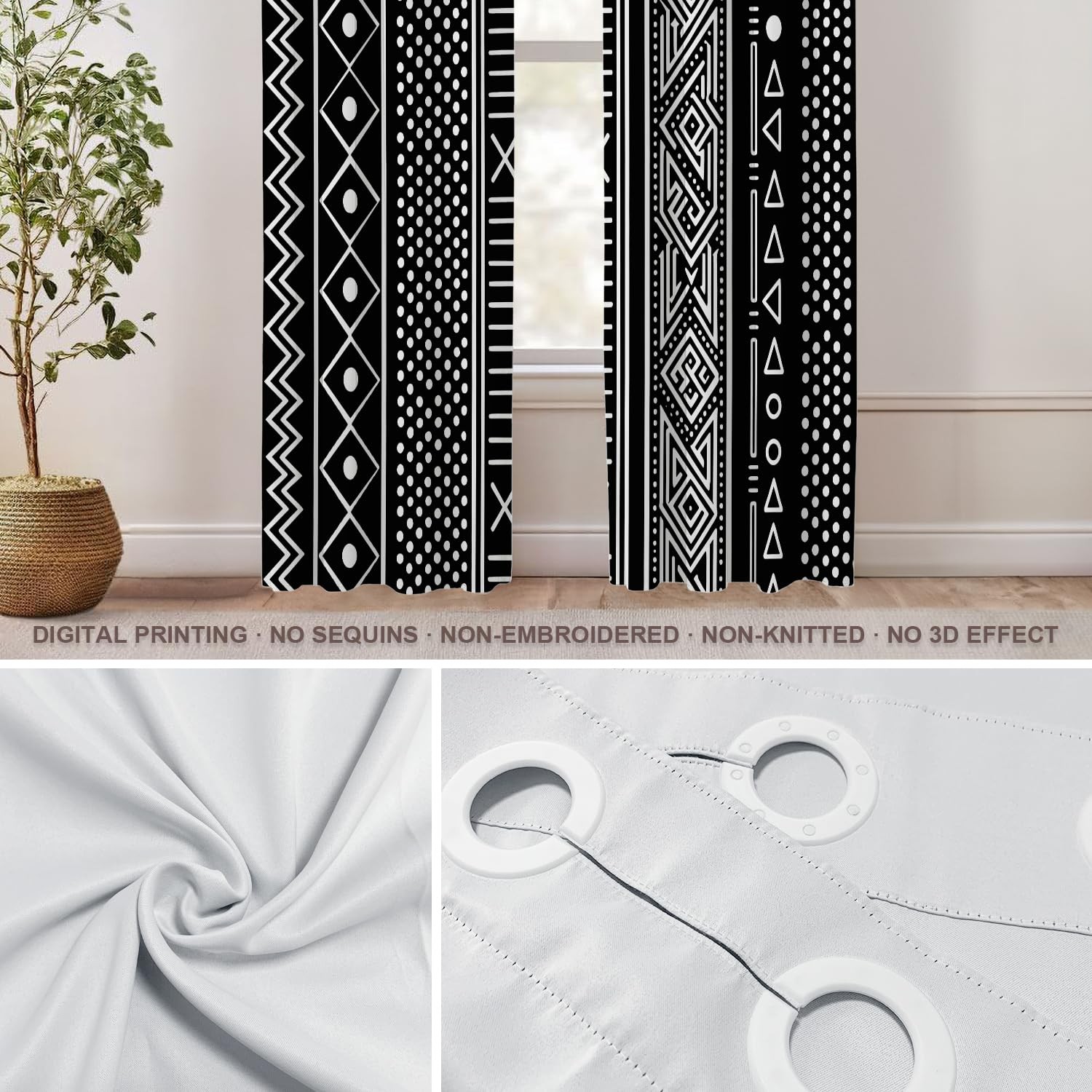 Traditional African Geometric Blackout Window Curtains, Black and White Triba…