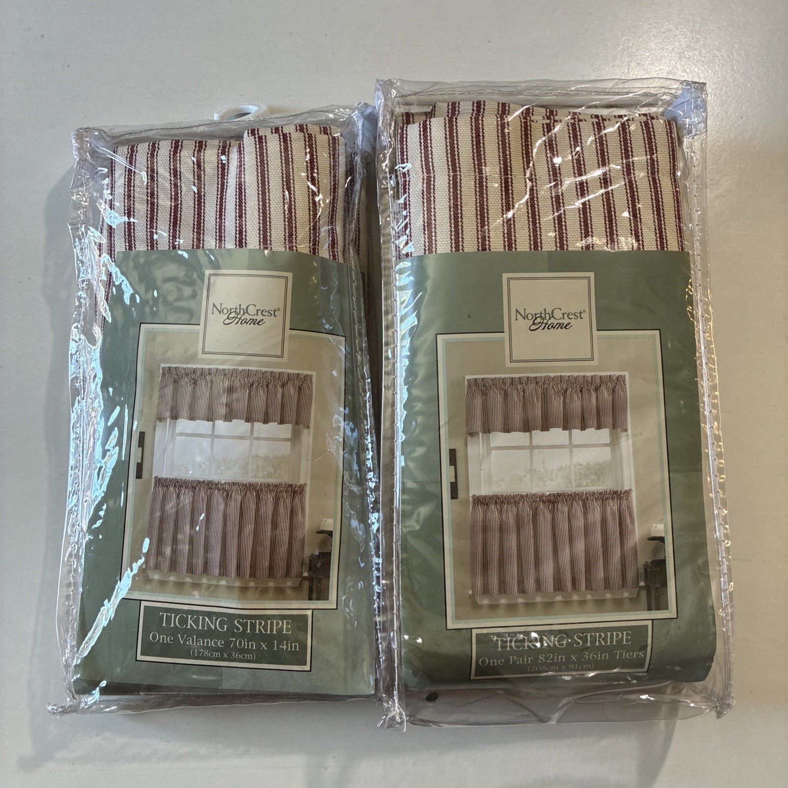 New North Crest Ticking Stripe Valance and tiers Cafe Curtain Set Red Cream