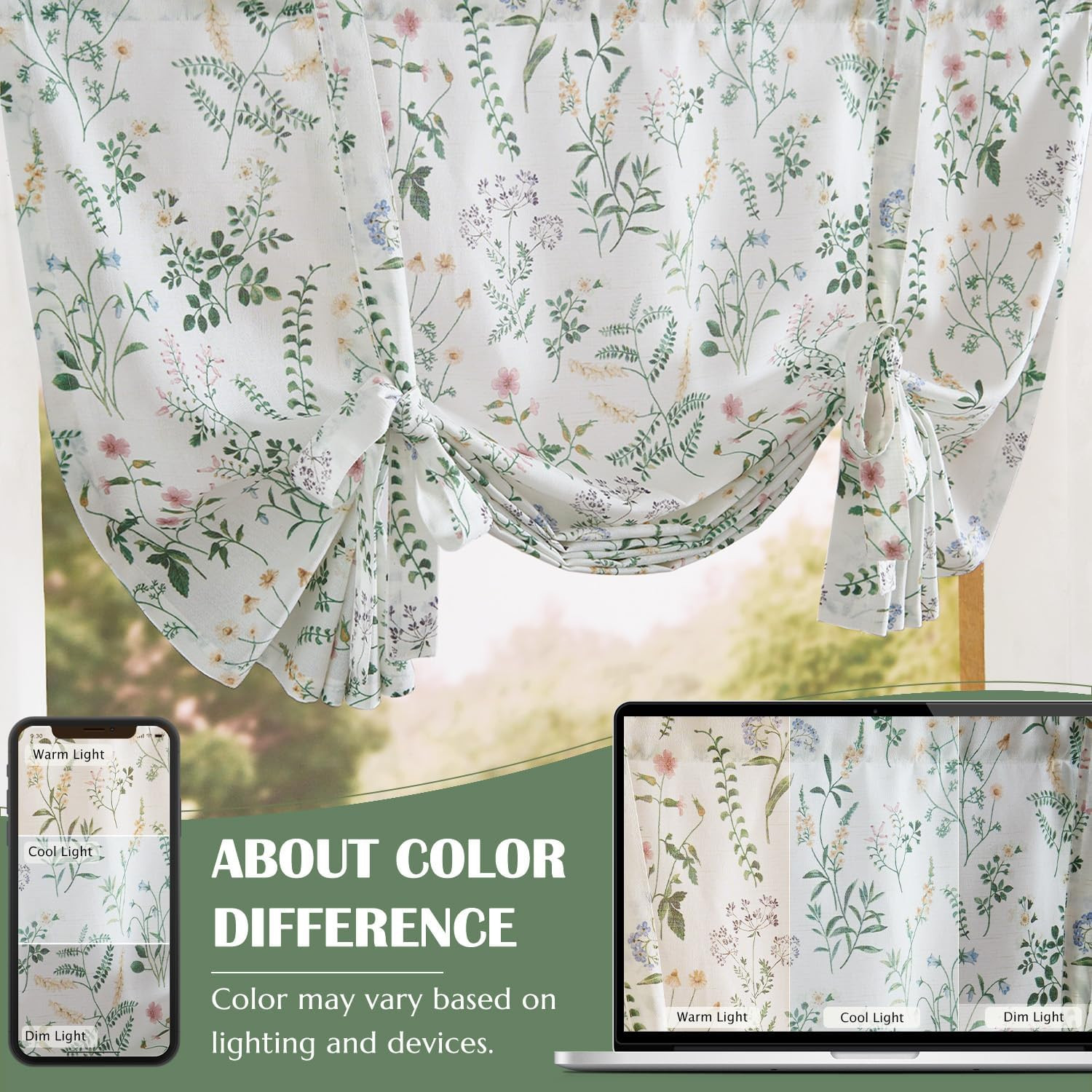 jinchan Floral Tie Up Valance Curtain Adjustable Linen Valance for Windows Farmh