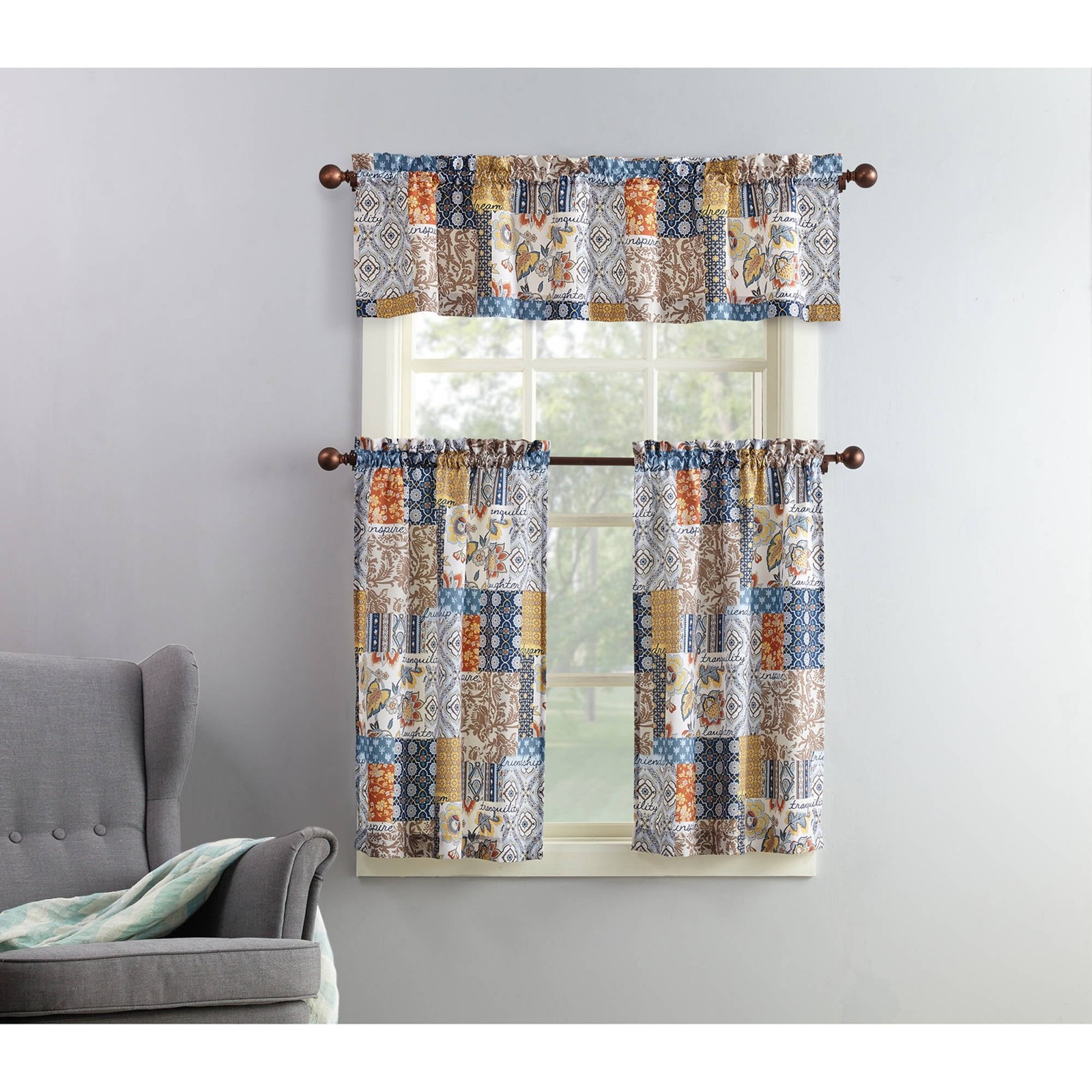Semi Sheer Rod Pocket Kitchen Curtain Set of 2 Tiers and 1 Valance Patchwork