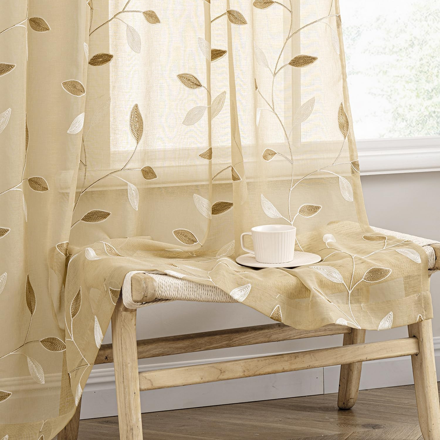Beige Sheer Curtains 2 Panels Embroidered Leaf Faux Linen 52X84 Inches