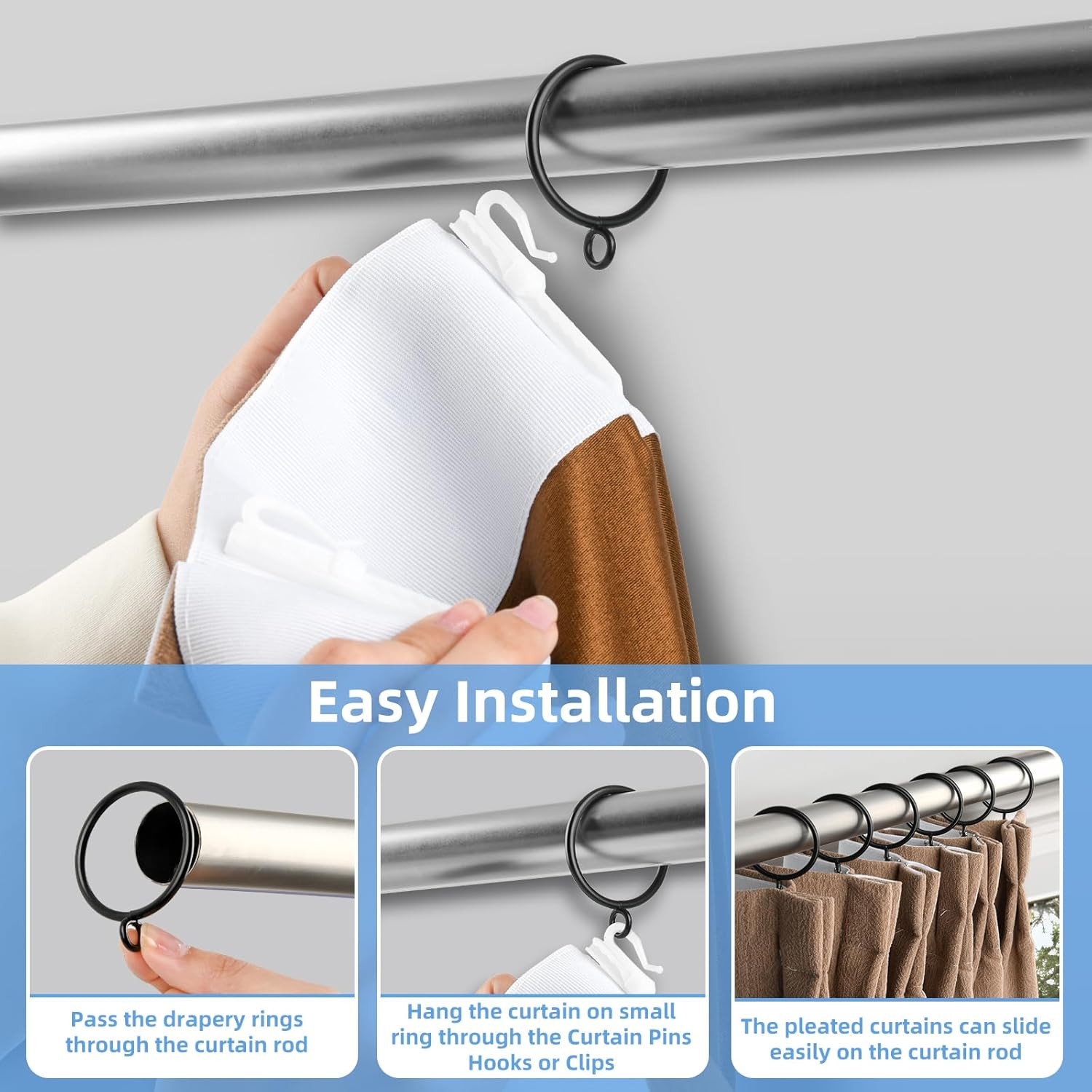 Curtain Rings with Eyelets, 48 Pack Metal Drapery Rings for Pinch Pleat Curtains