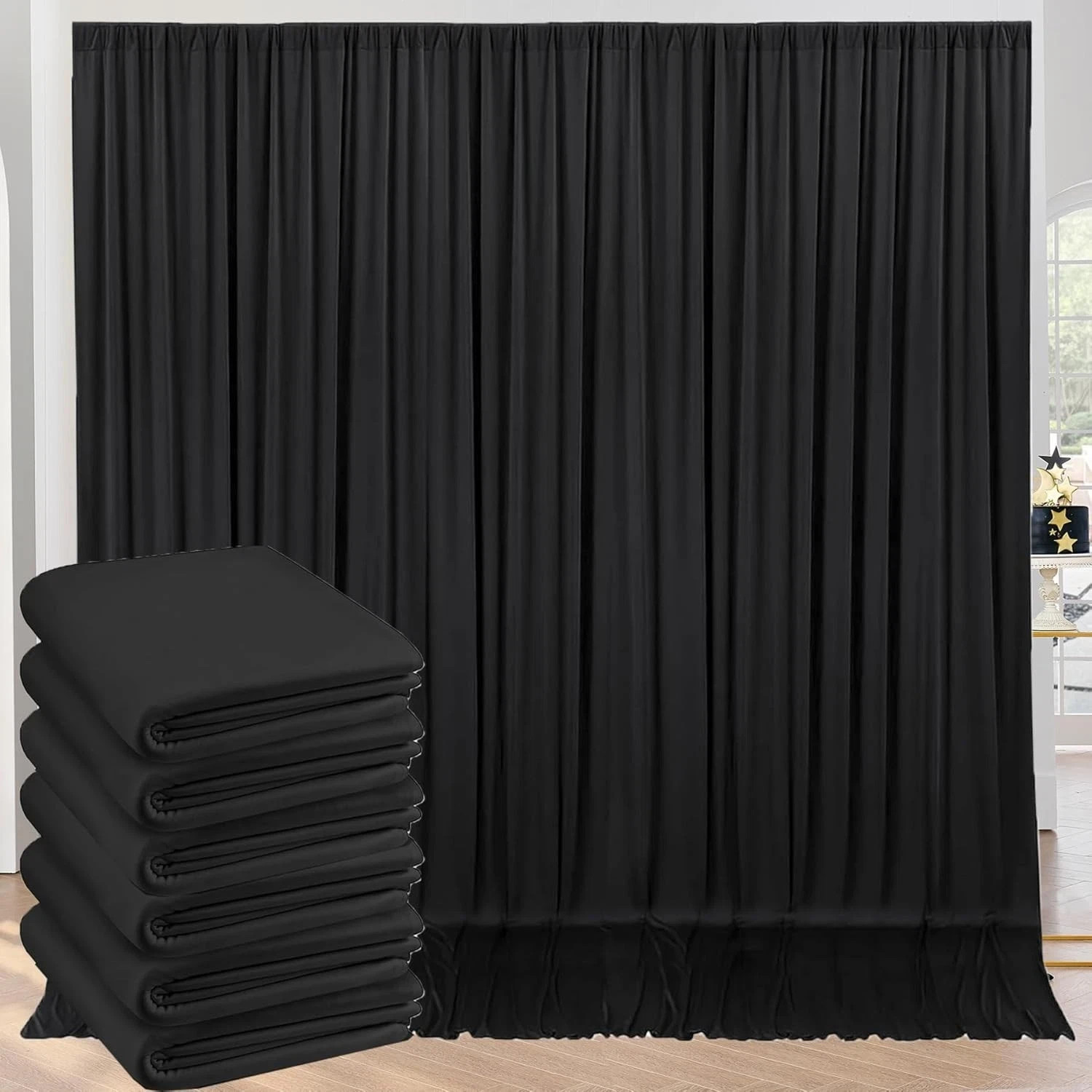 30x10ft Black Backdrop Curtain 6 Panels Wrinkle Free Party Drapes