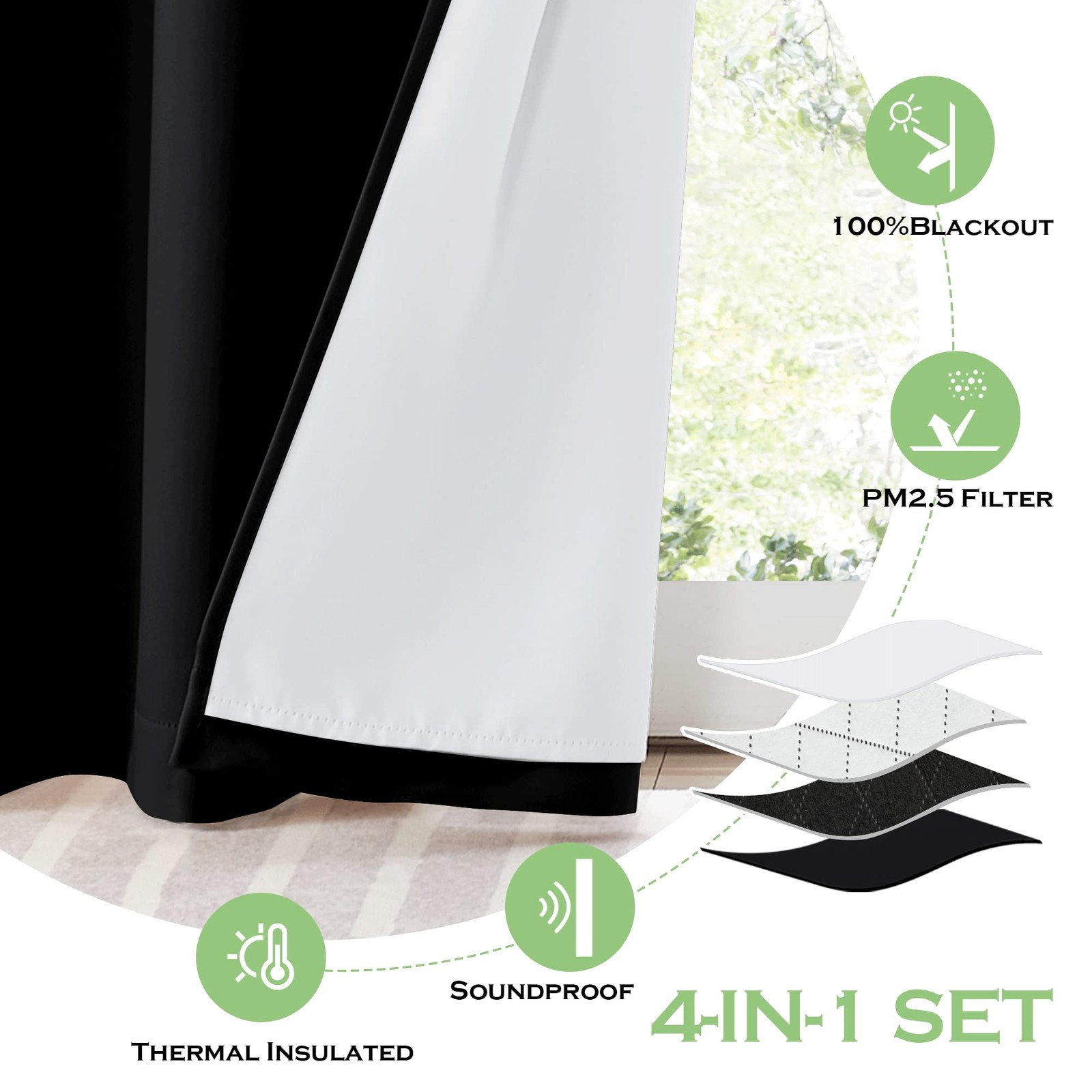 4-in-1 Soundproof Anti Dust 100% Blackout Curtains with Melt-Blown Layer Nois…