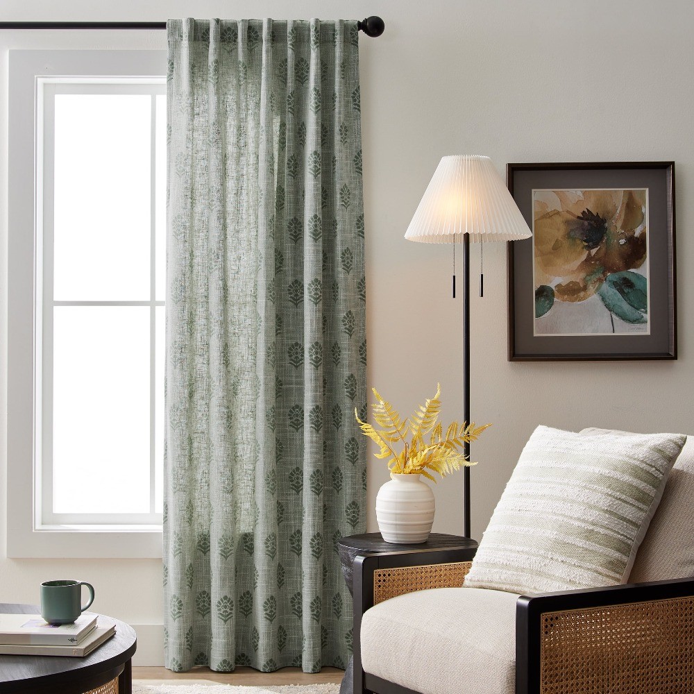 Floral Block Print Light Filtering Single Curtain Panel, Green, 50″W x 84″L