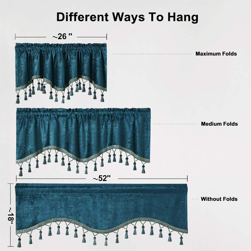 Double-Sided Chenille Window Curtains Tier for Kitchen Peacock Blue Scalloped Va