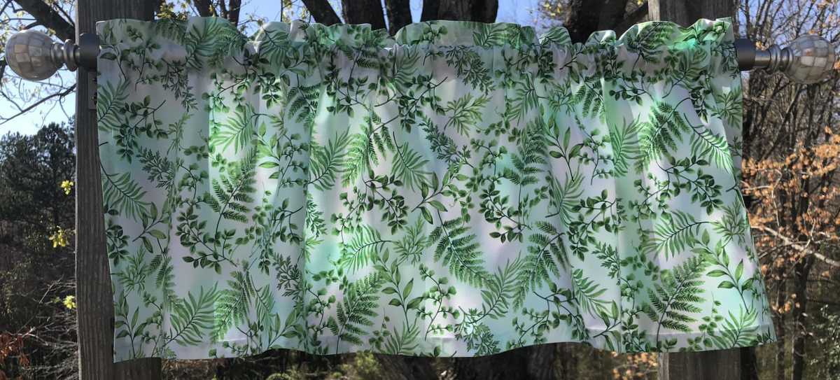 Green Fern Leaf Valance – Botanical Nature Print Curtain – Forest Leaf Window