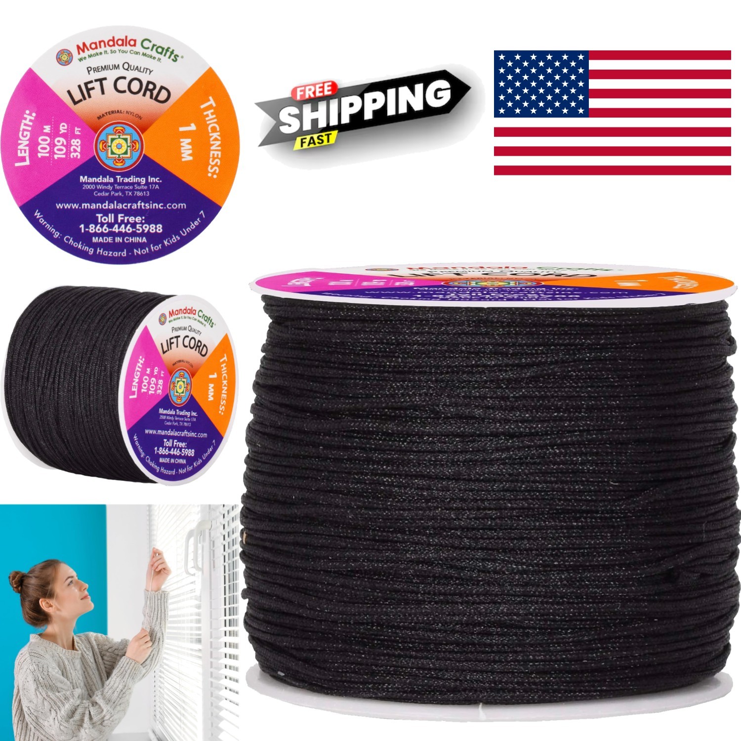 1mm Black Blind Strings Lift Shade Cord 109 Yards Braided Nylon for Replacement