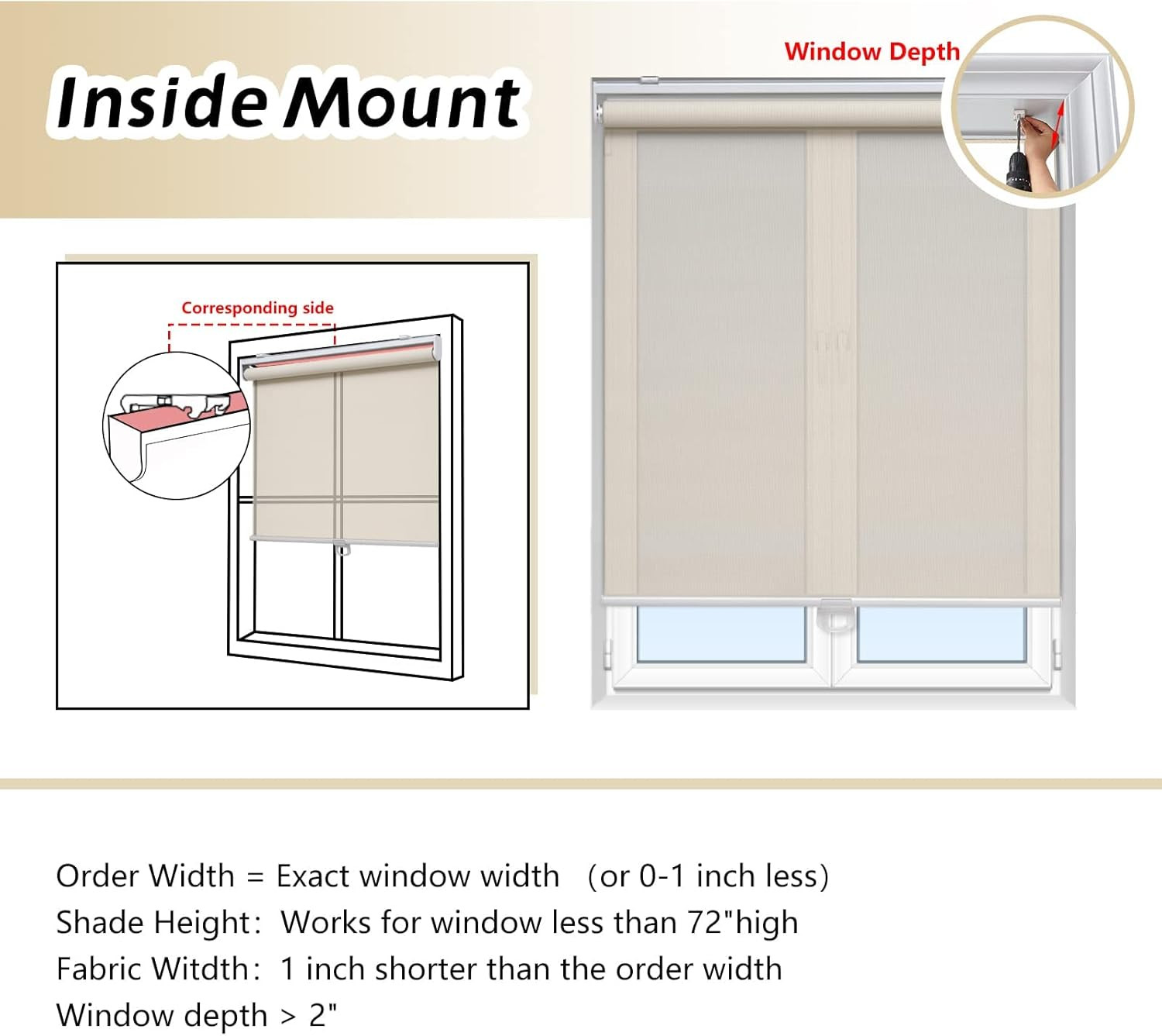 Cordless Light Filtering Roller Shades 46″ W X 72″ H Beige