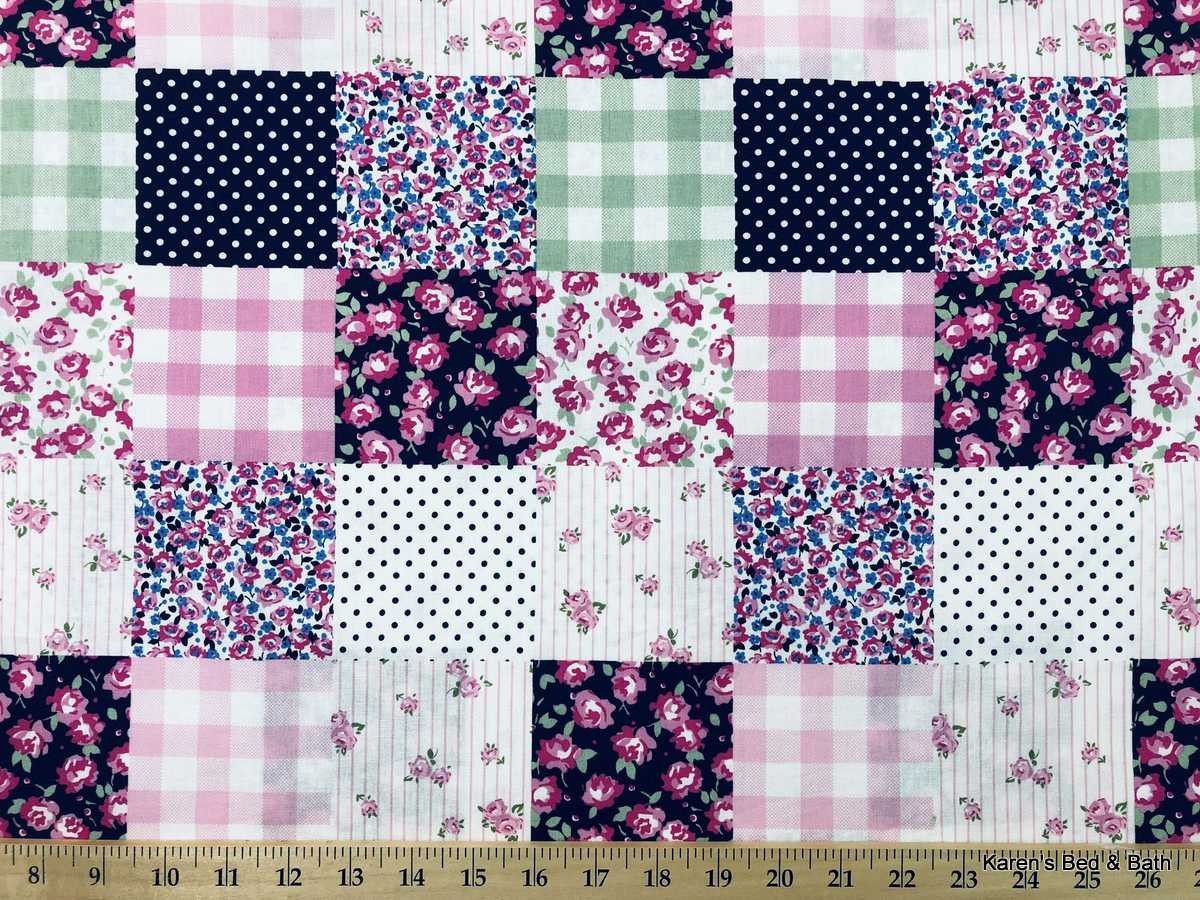 Patchwork Rose Valance – Pink Navy Gingham Floral Print – Shabby Chic Cottage