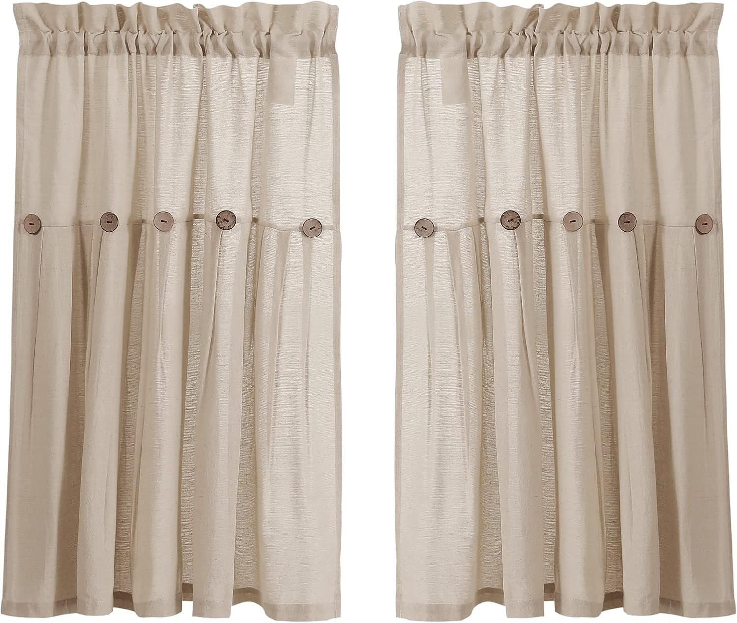 Button Farmhouse Kitchen Curtains Tier Set 29″W x 36″L Dark Linen Linen