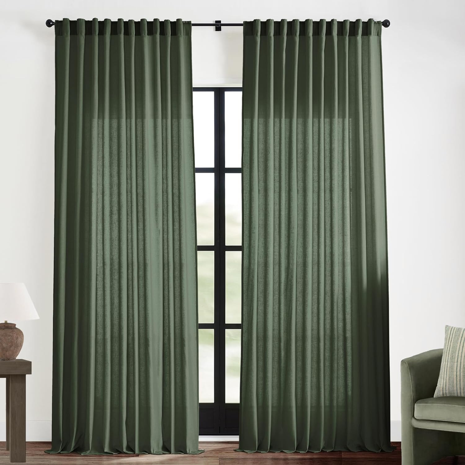 Olive Green 108″ Sheer Linen Cotton Curtains – 2 Panels for Bedroom