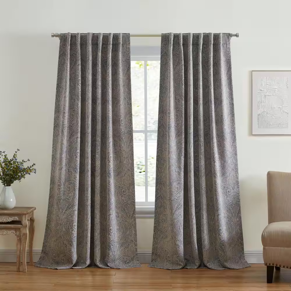 Vittoria Gray Polyester Paisley Printed 52 In. W X 84 In. L Rod Pocket/Back-Tab