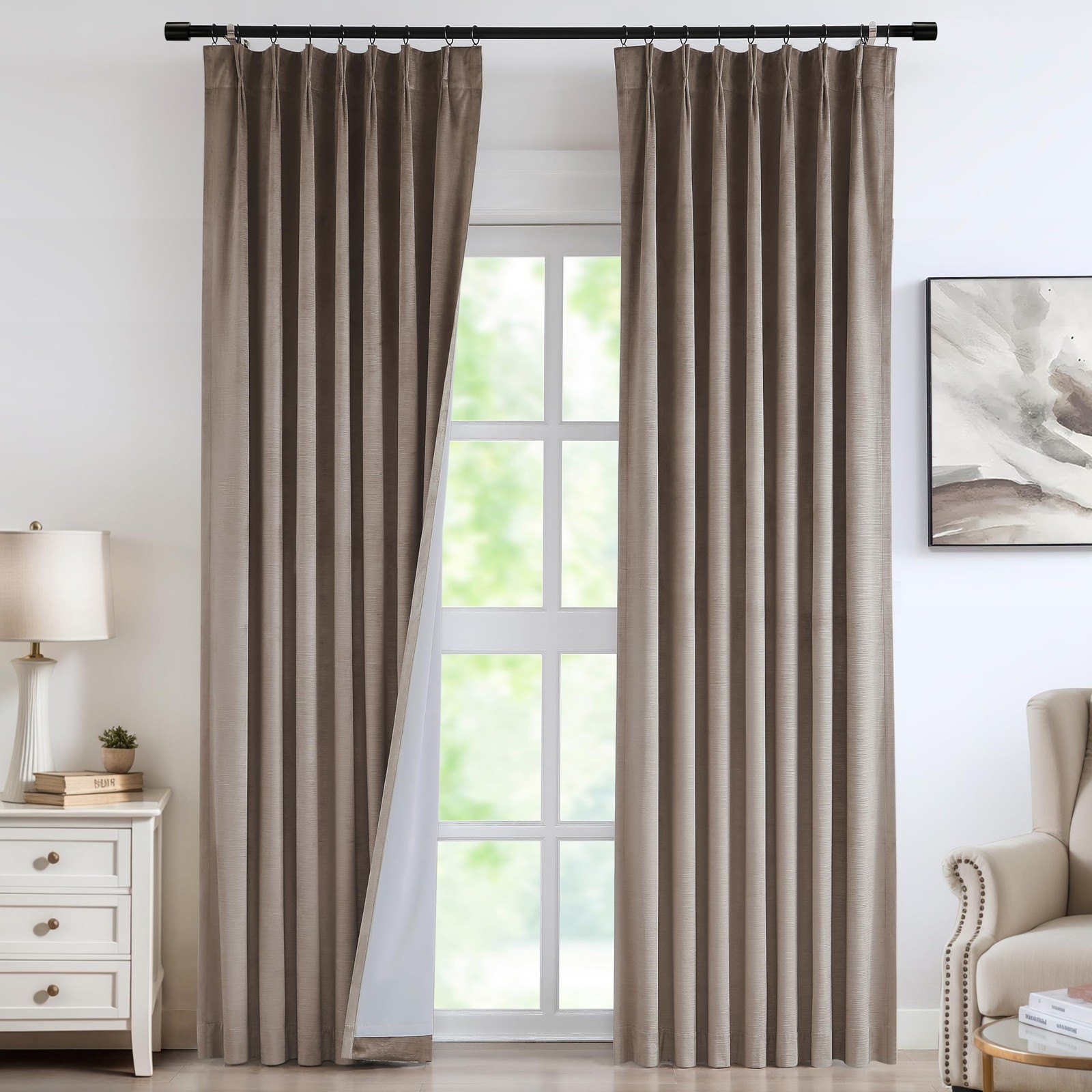 Vision Home Mocha Tan Velvet Pinch Pleated Blackout Curtains 95 Room Darkening