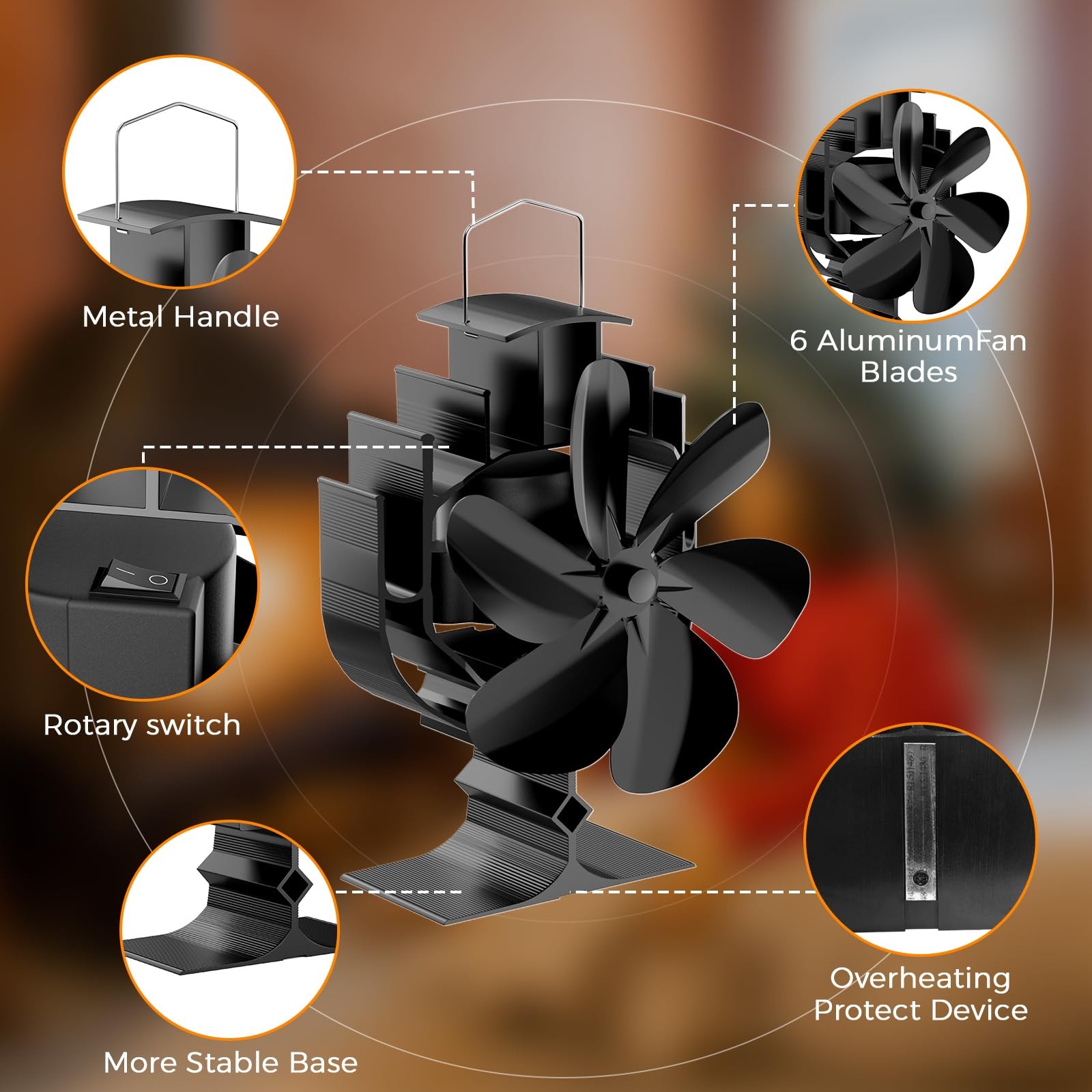 Oscillating Wood Stove Fan – 60° Left-Right Rotation, 6-Blade Heat Powered Fi…