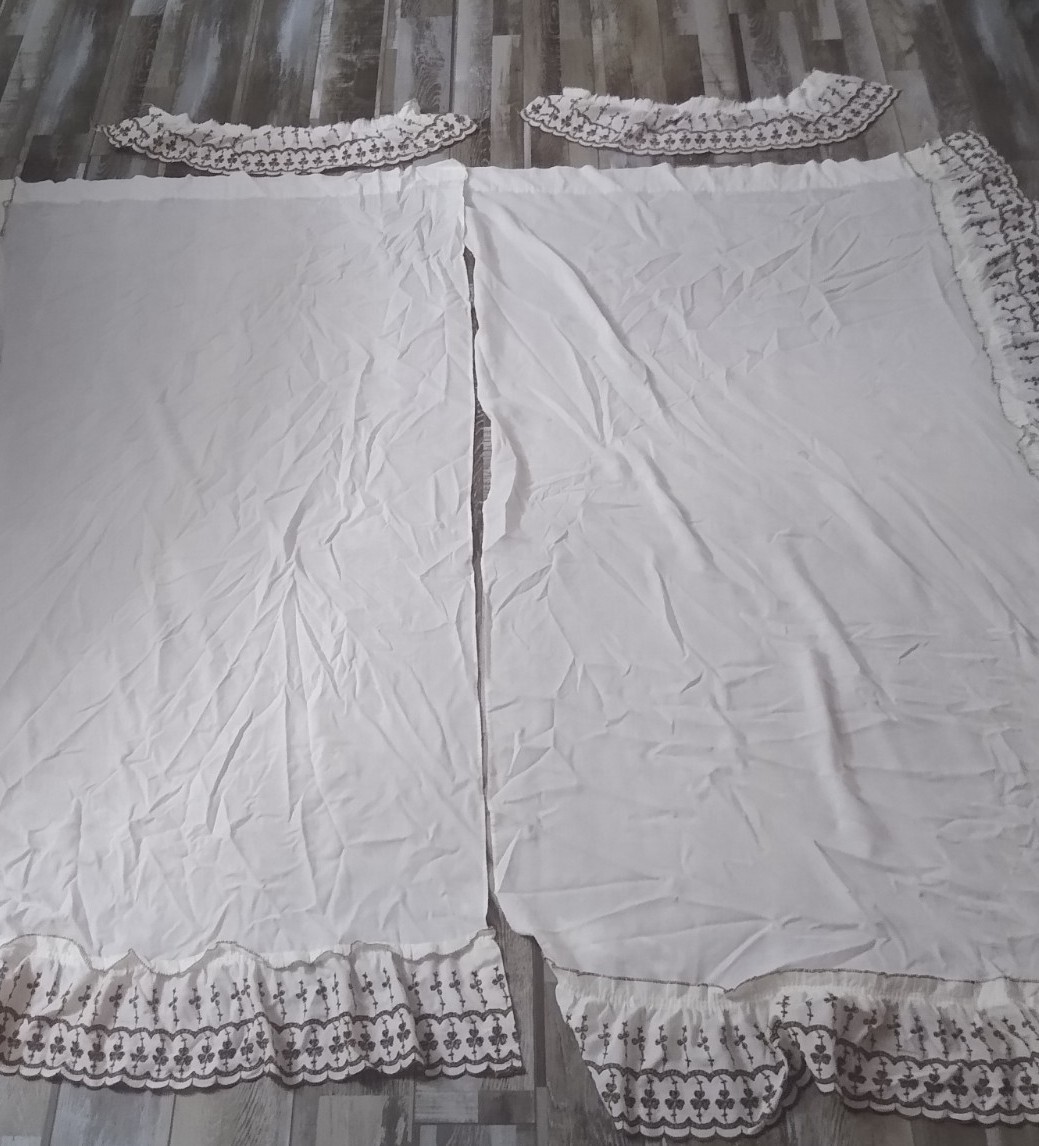 Farmhouse Cottage Curtains Vintage White Brown Floral Trim Handmade Retro
