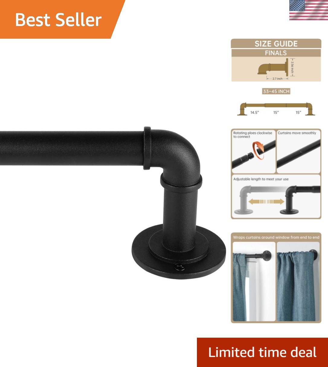 Industrial Curtain Rods for Windows 28 to 48 Inches, Blackout Wrap Around Cur…