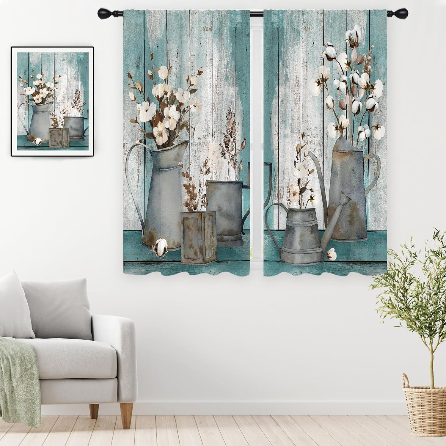 Farmhouse Teal Curtains Floral Turquoise Aqua Flower Rustic Vintage Retro Countr