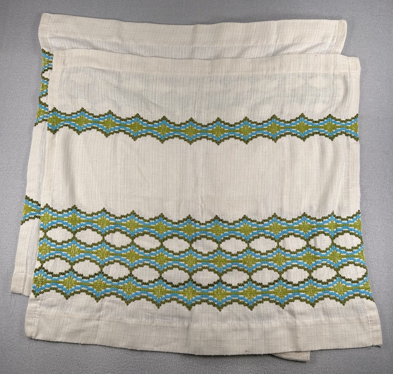 VTG JC Penny Embroidered Cafe Curtains & Valance Set Blue Green MCM 70’s Groovy