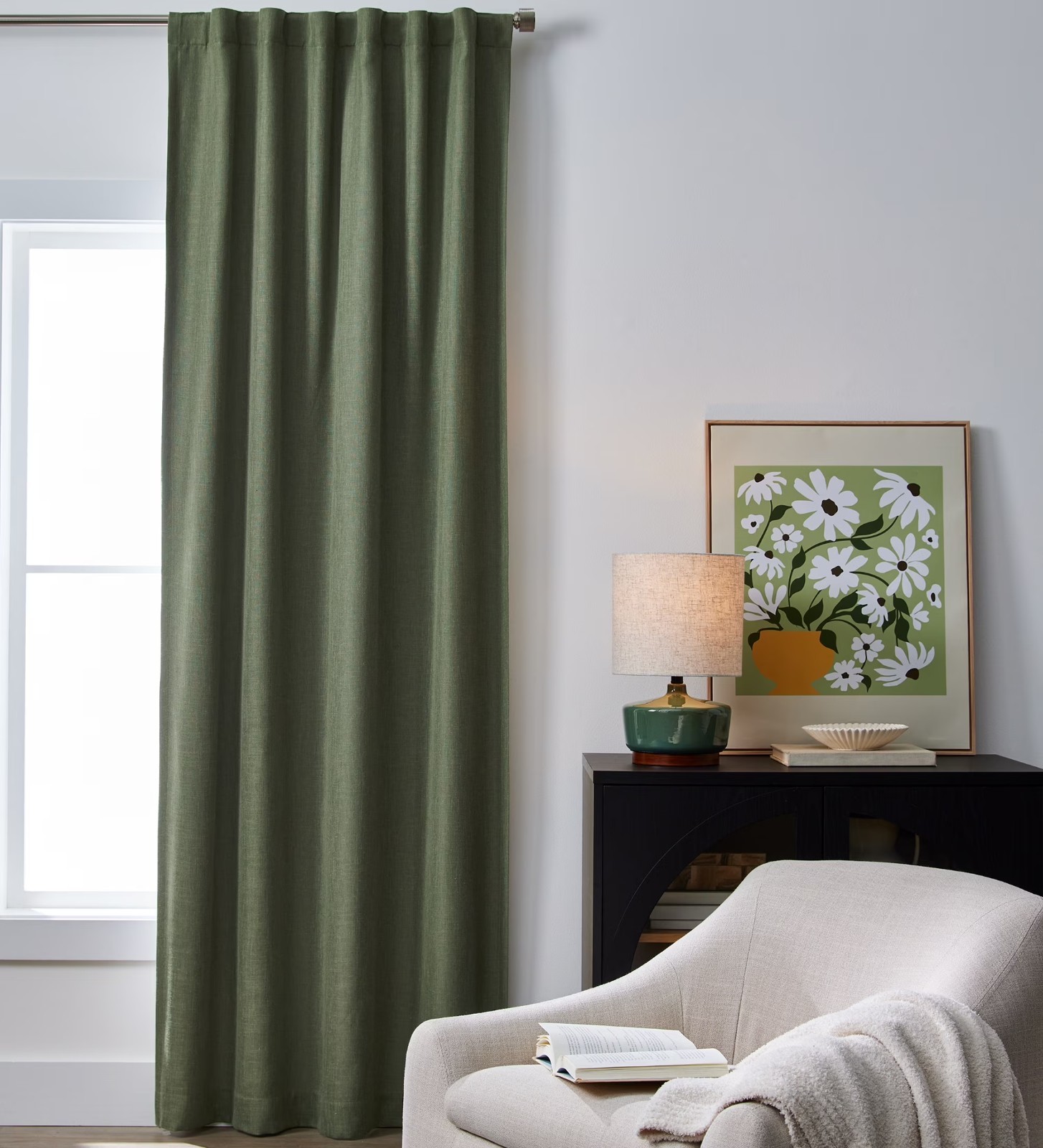 100 Percent Blackout Linen Blend Curtain Single Panel 50×95 Dark Cilantro Rod