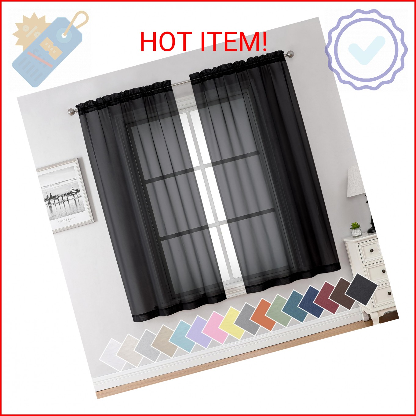 Aiyufeng Black Sheer Curtains 63 Inches Long Light Weight Soft Semi Voile Drapes