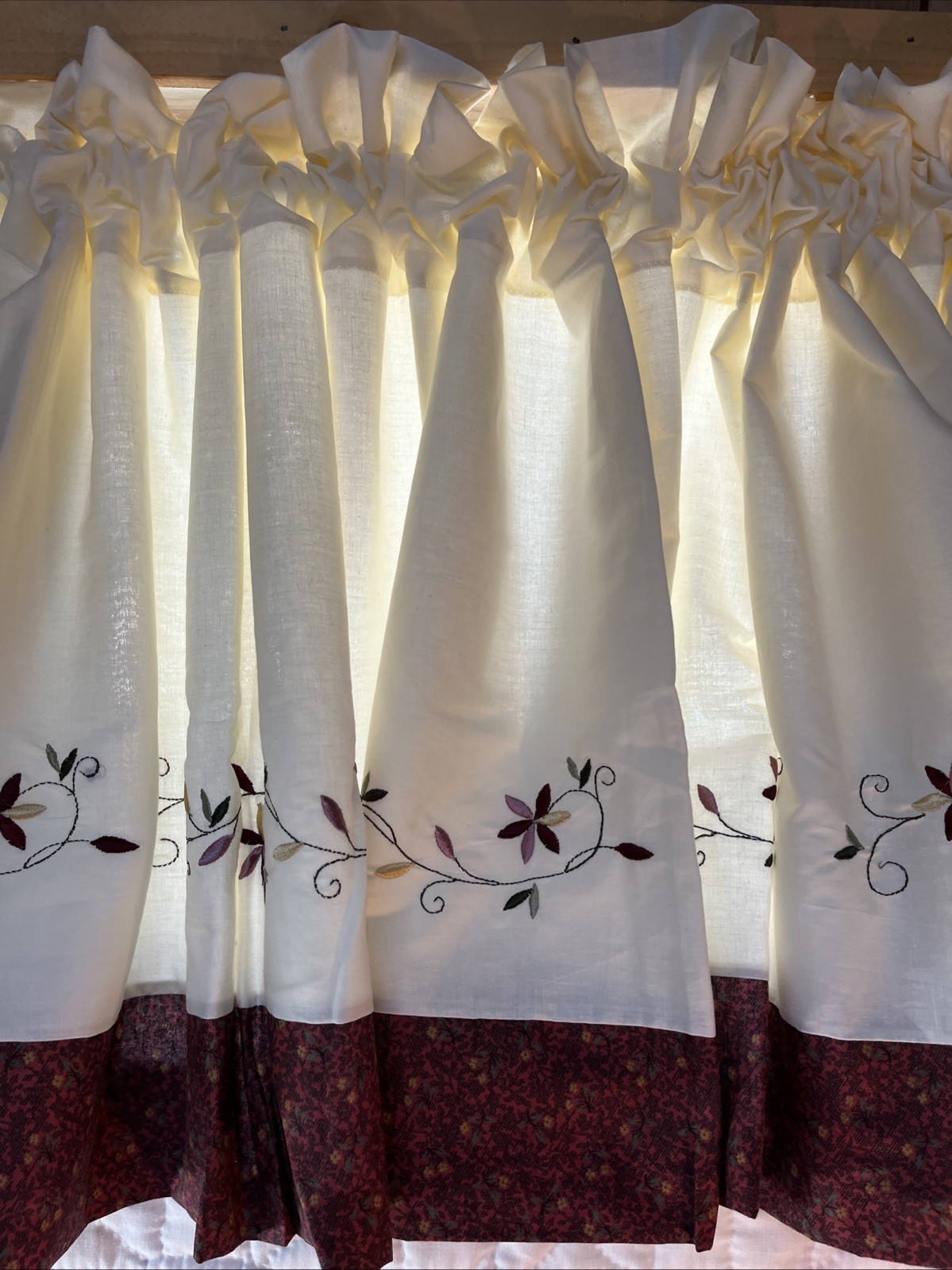 Cotton Window Valance Off White w/ Maroon Floral design 82” X 20.5” Lot of (3)