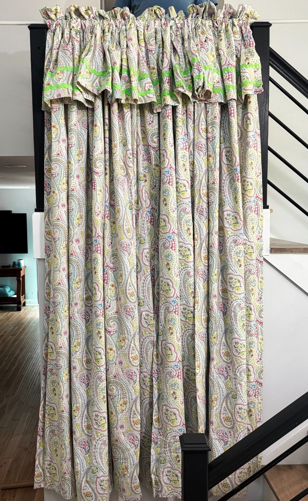 Custom Drapery Curtain Lined Panels Pink Blue Green Paisley Print 2 at 77″x102″