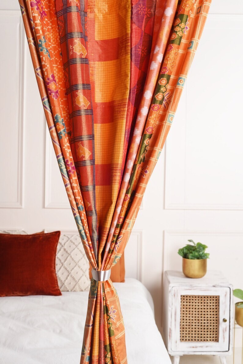 2 Pcs Indian Sari Patchwork Curtain Drape Window Decor Orange Silk Sari Curtain