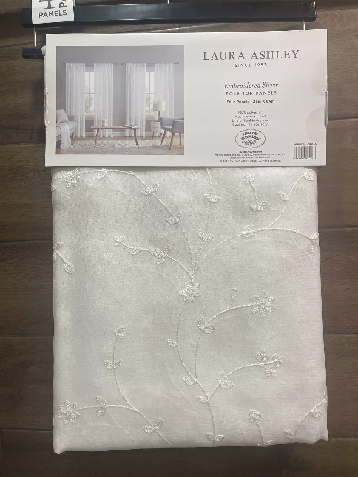 4 Laura Ashley VERNON Embroidered Floral Vines Sheer Cream Window Panels 38×84”