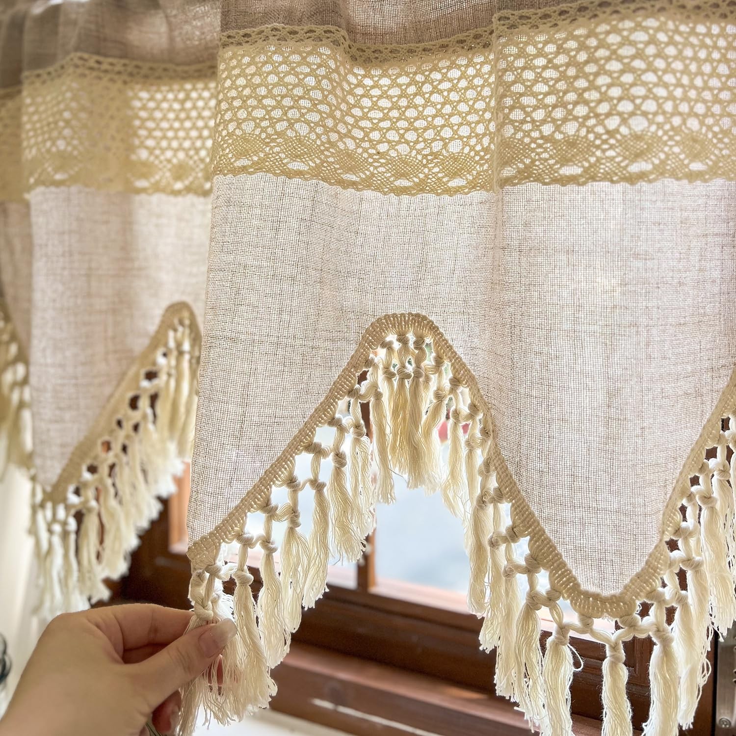 Boho Crochet Lace Valances for Windows Kitchen Macrame Linen Sheer Valances w…