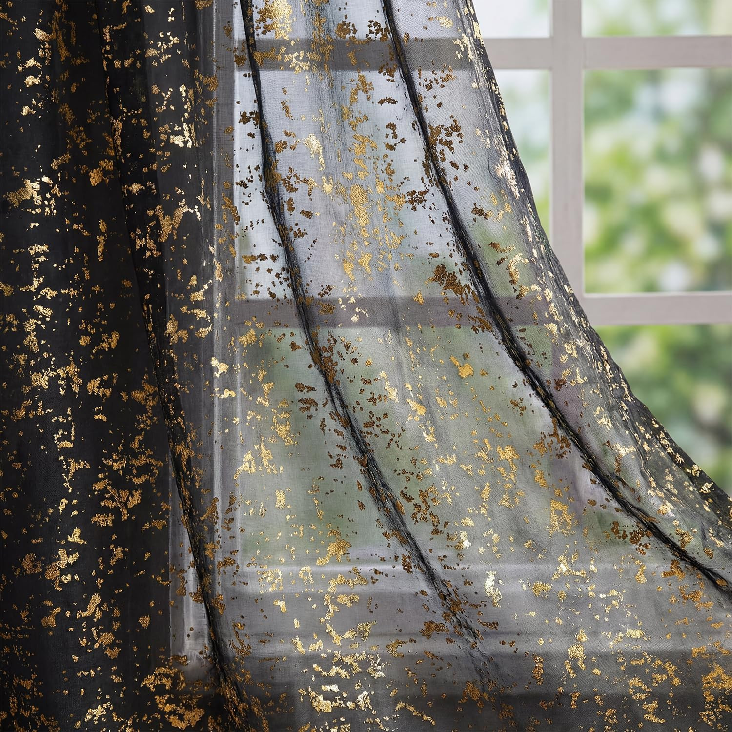 Black Sheer Curtains for Living Room and Bedroom,Gold Sequin Glitter Metallic Fo