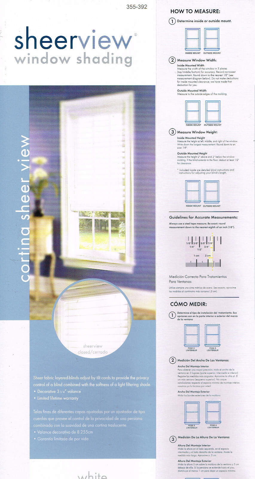 SHEERVIEW Window 23 x 64 Light Filtering Sheer Fabric Layer Shades Blinds WHITE