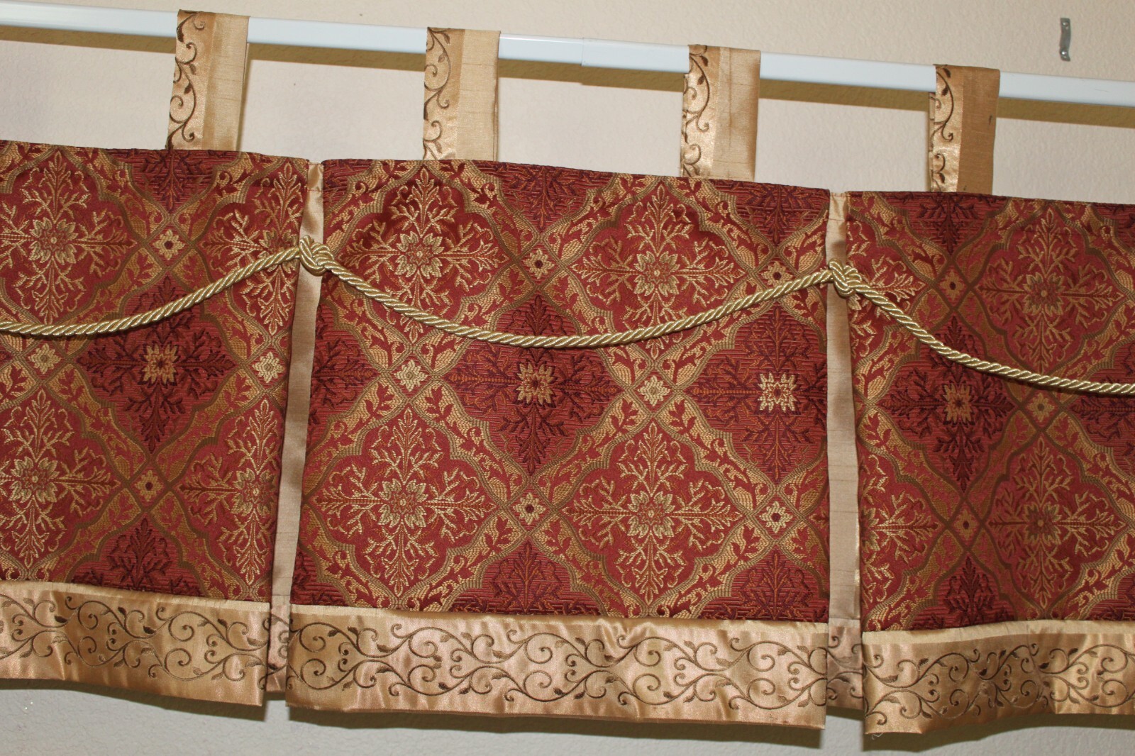 Tab top valances burgandy gold pleated.