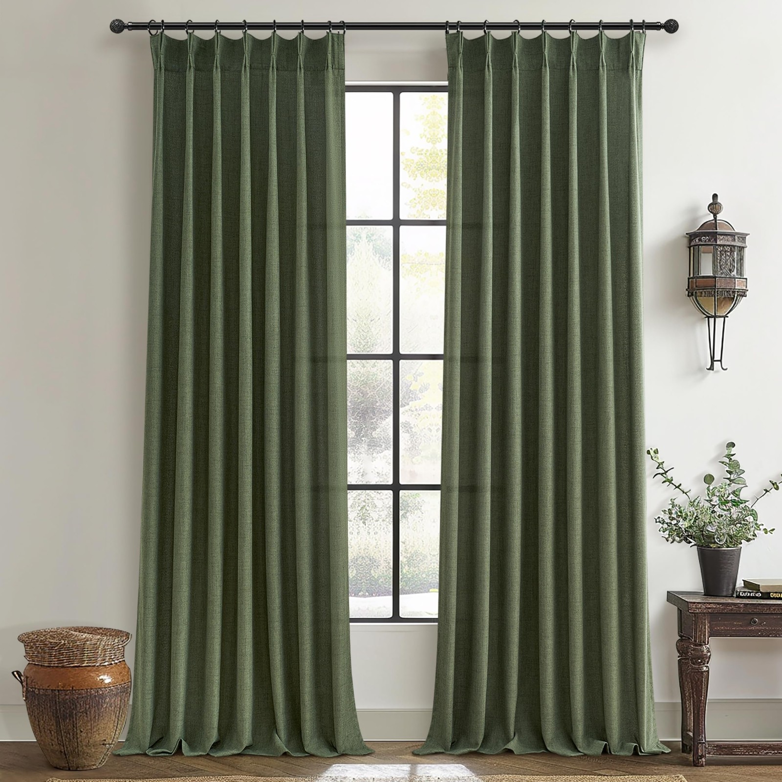 Olive Green Linen Curtains 96 Inches Long 2 Panels Set, Modern Aesthetic Pinc…