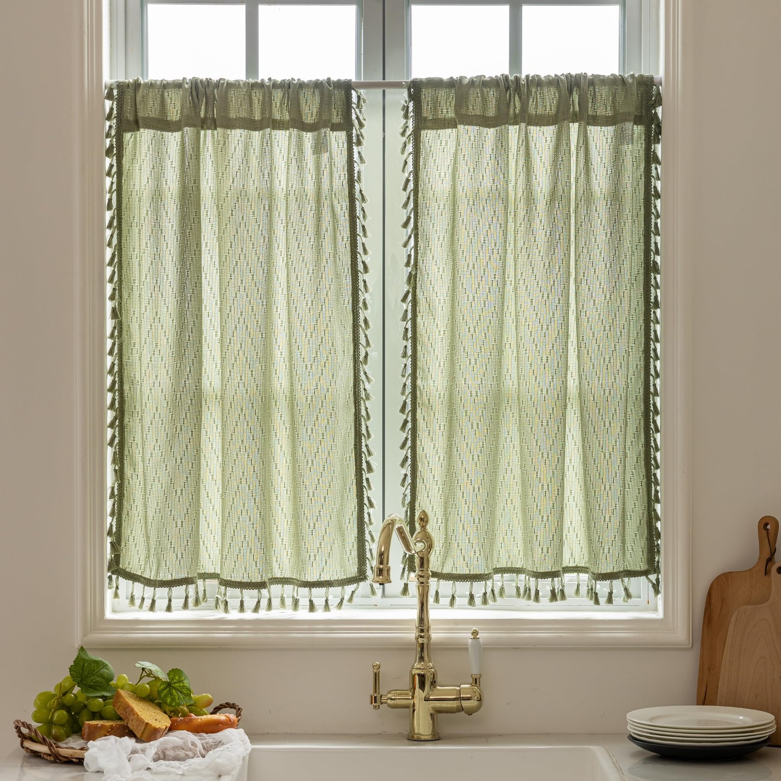 Kitchen Window Curtains Over Sink 24 Inch Length Boho Tassel Tiers Cafe Curta…