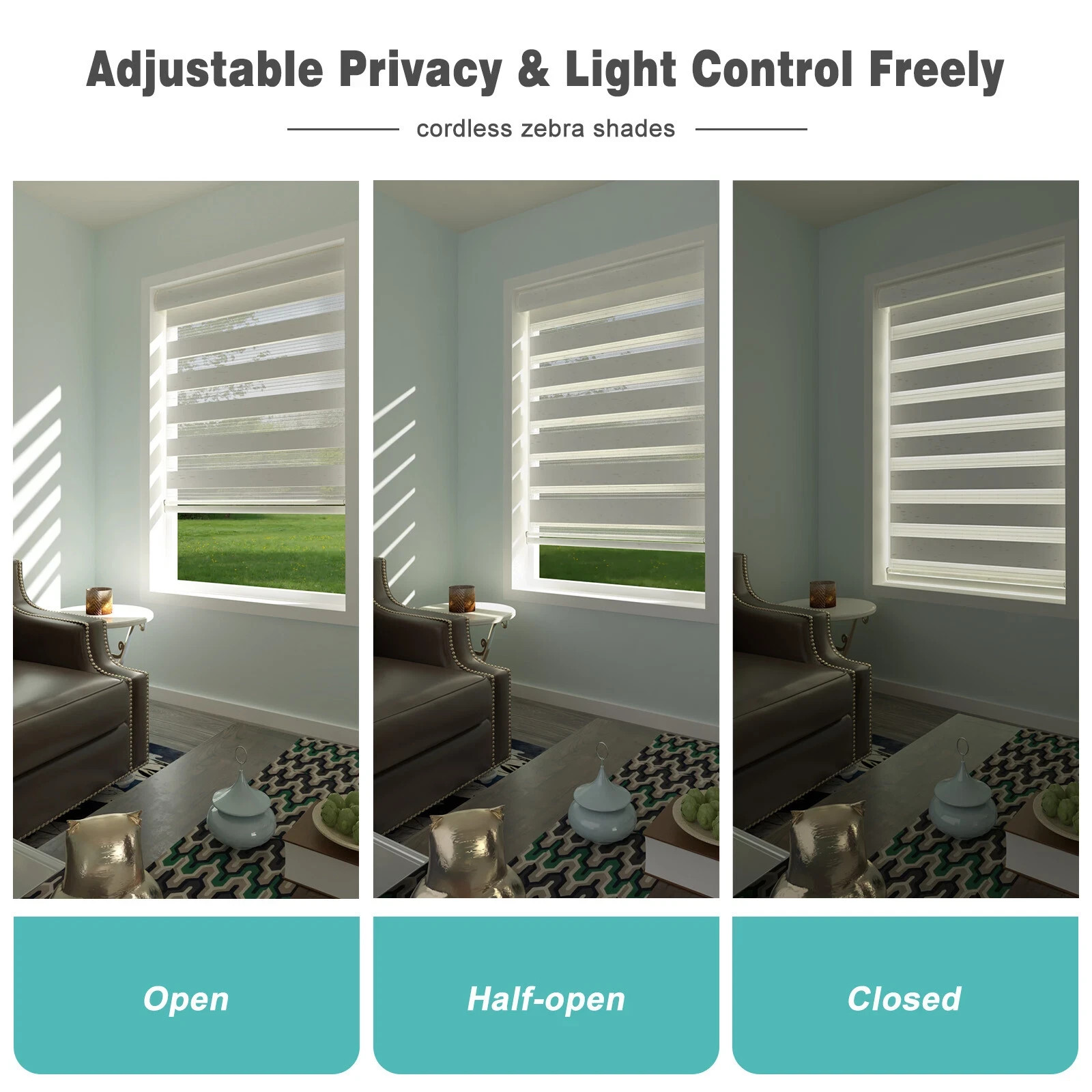Cordless Zebra Blinds with Free-Stop -Dual Layer Light Filtering, 36″x64″, Beige