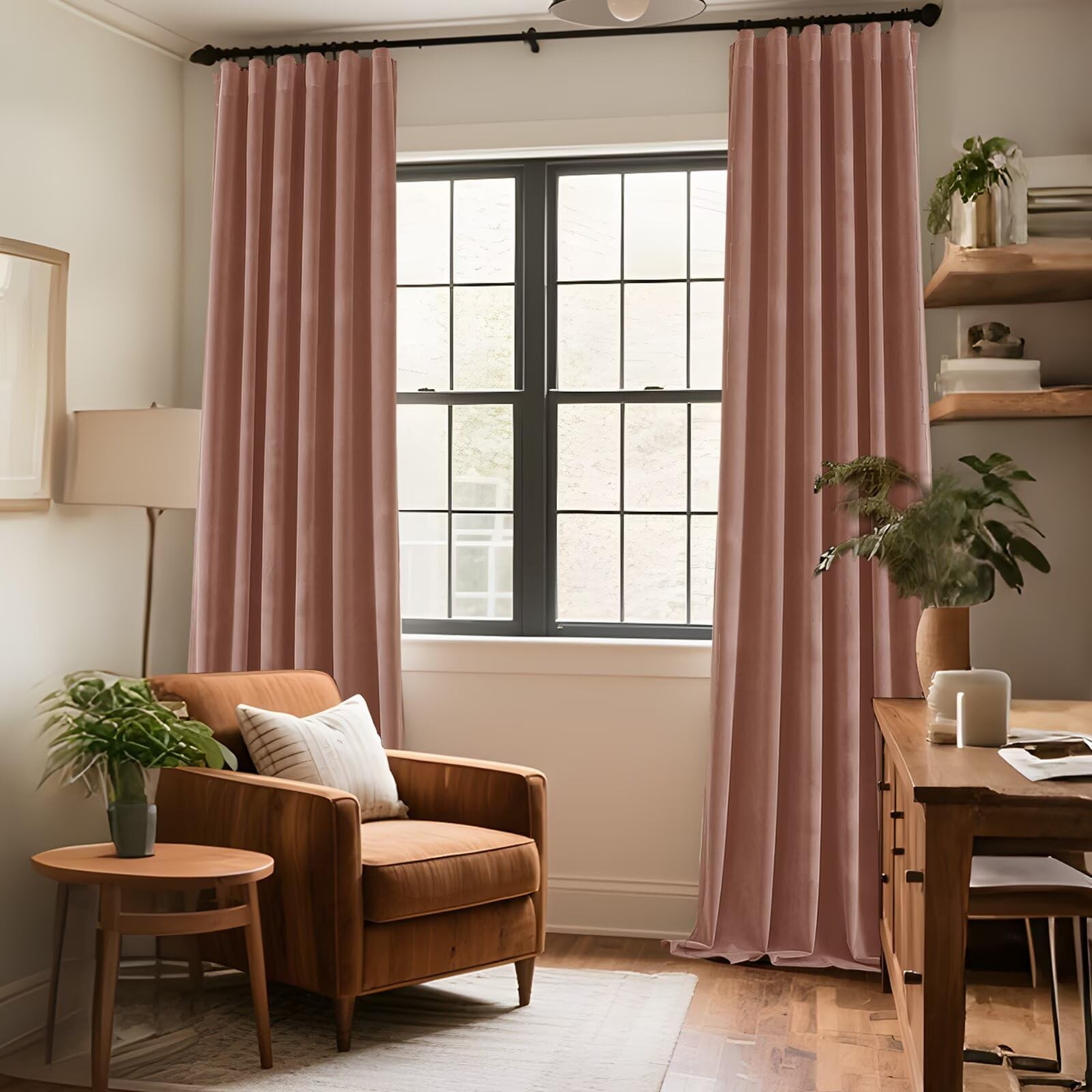 CUCRAF Pink Beige Velvet Blackout Curtains 72 inches Long, Thermal Insulated, No