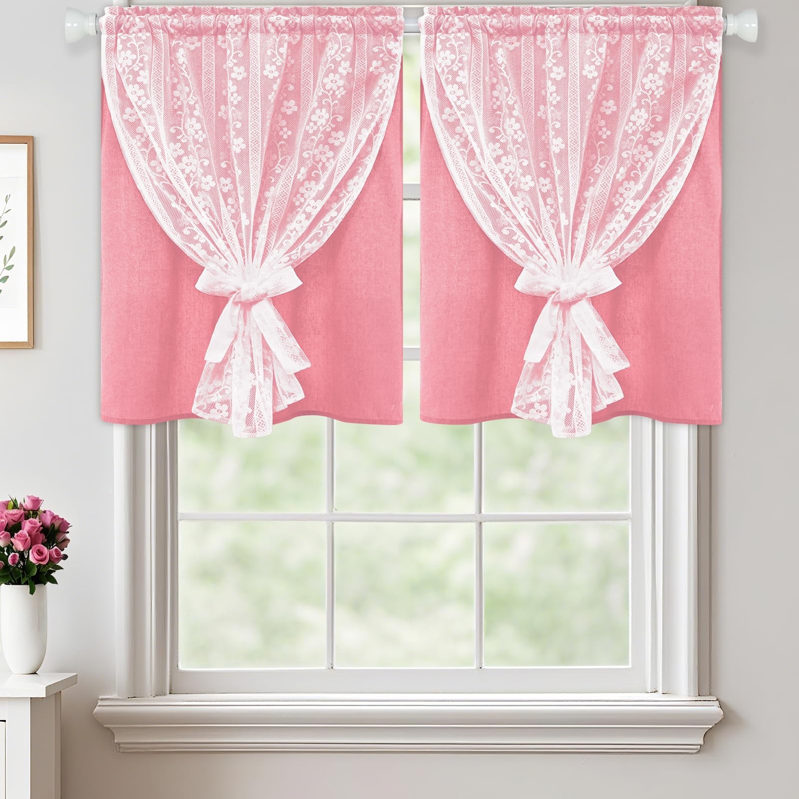 Aspmiz Pink Kitchen Curtains Double Layer Curtains Linen Lace Linen Kitchen