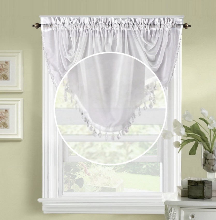 10pc PACK WINDOW SHEER WATERFALL VALANCE W/BEAD TRIM BONITA 55″ WIDE X 30″ LONG
