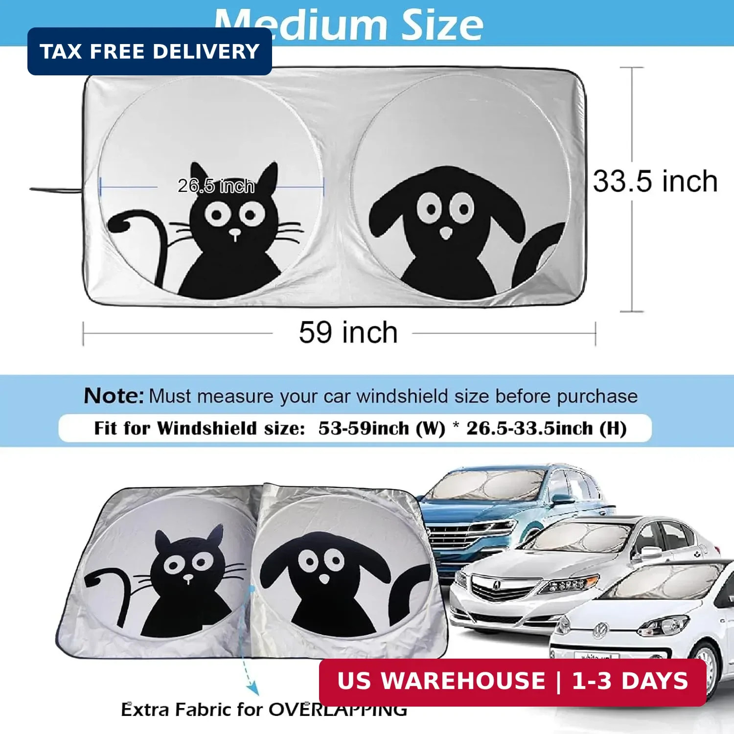 Car Windshield Sunshade with Pet Design, Cute Dog & Cat Medium Dog & Cats