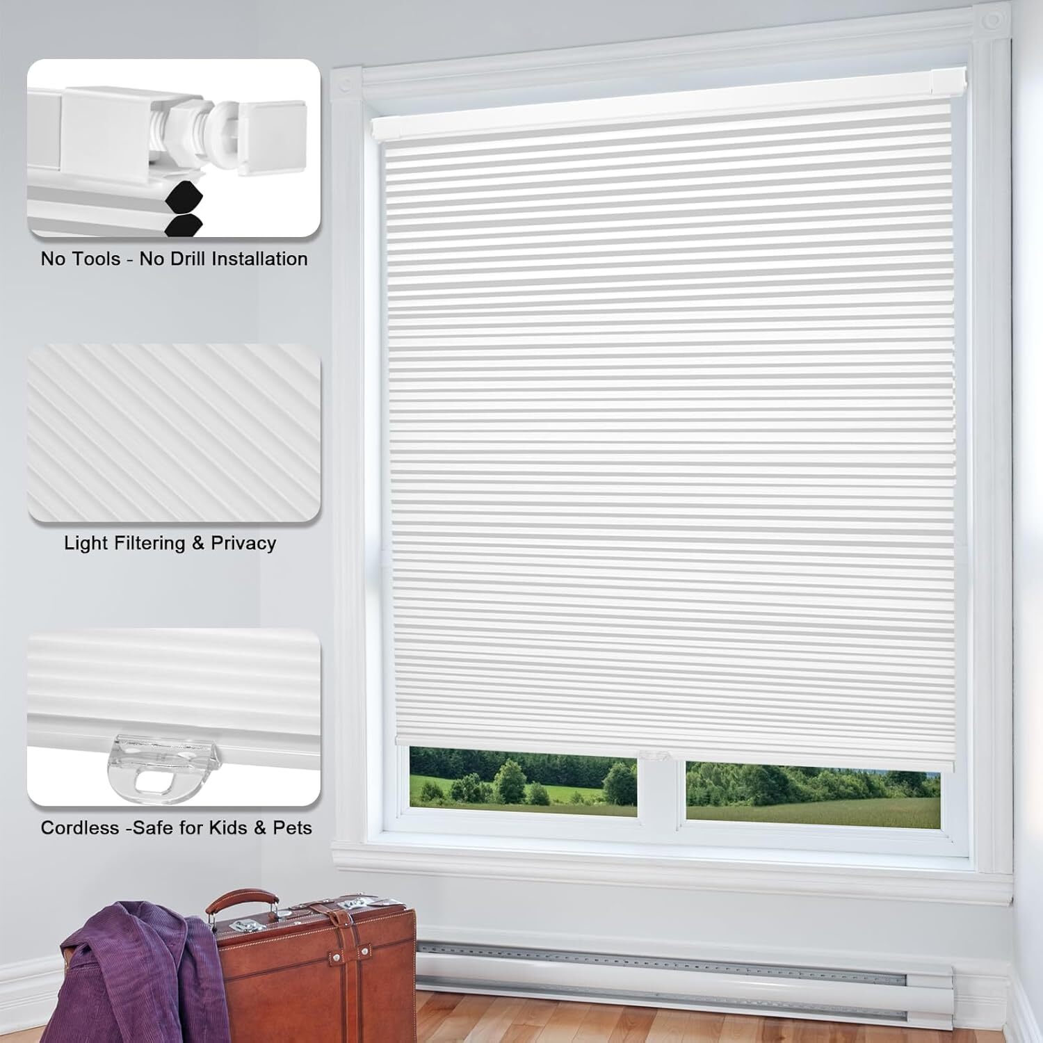 Cordless Cellular Blinds, White 34“ W x 48” H