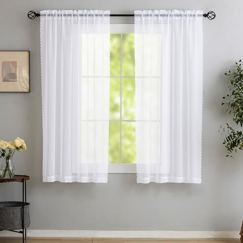White Sheer Curtains 45 Inch Long 2 40″W x 45″L (Pack of 2) White-voile
