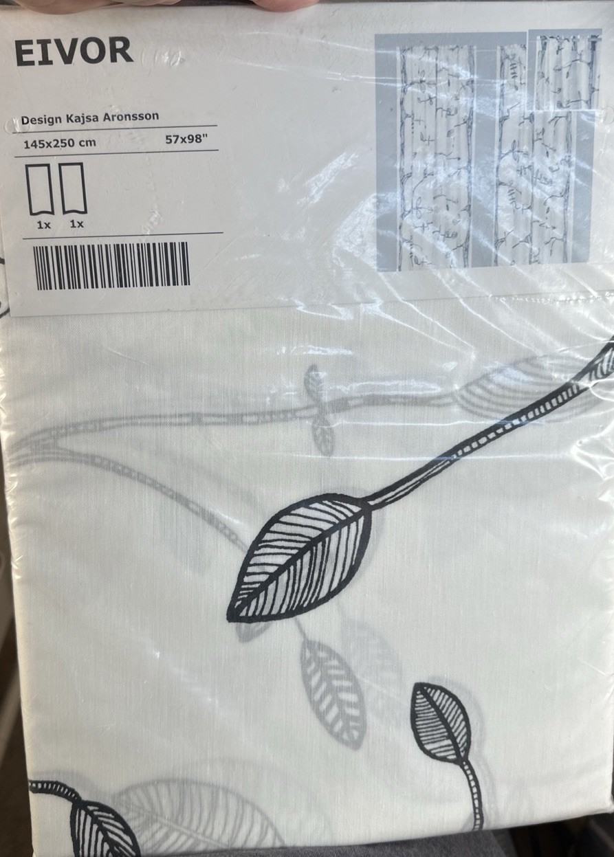 IKEA Eivor 57×98 Black & White Leaf Curtain Panels 70% Polyester 30% Cotton NEW