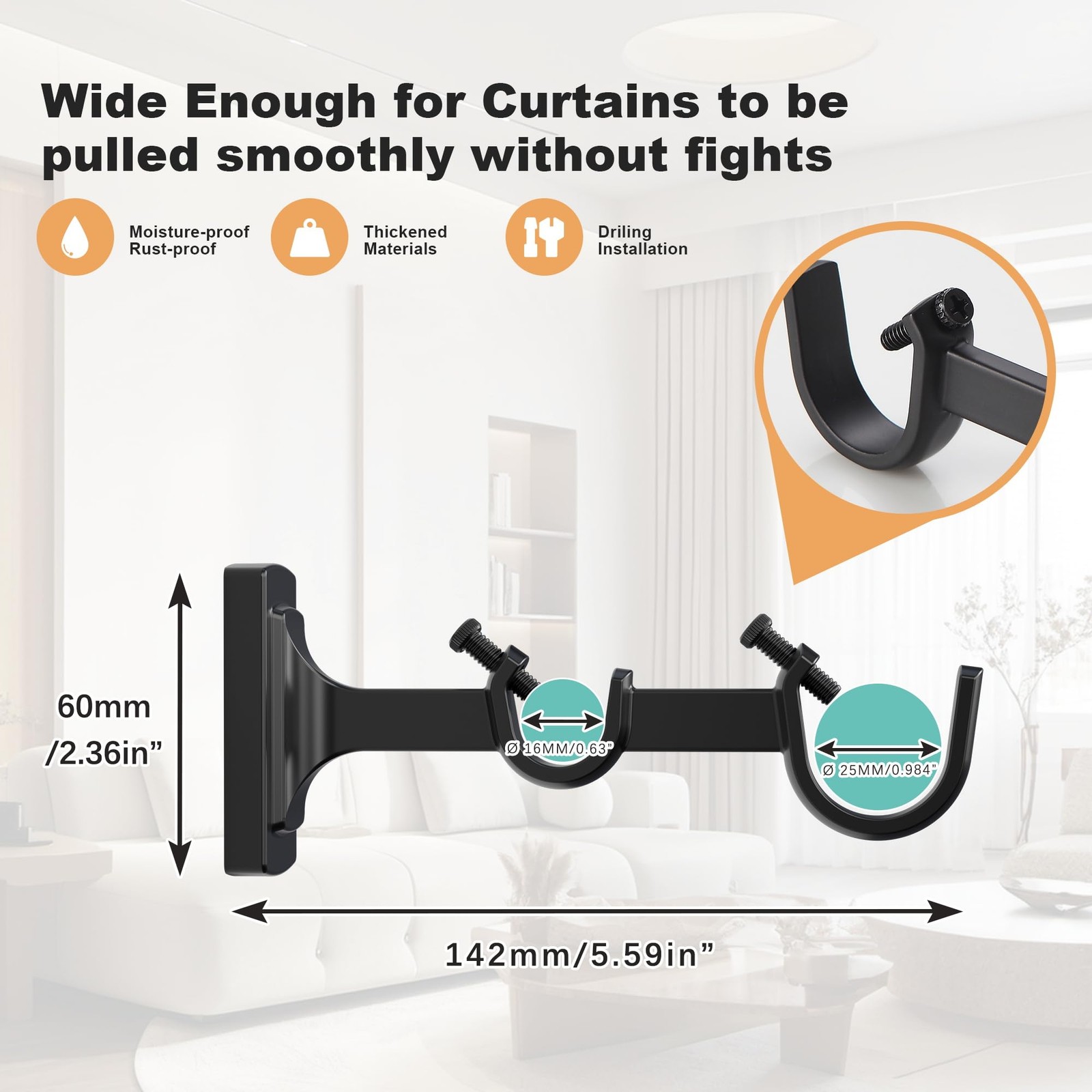 Heavy Duty Double Curtain Rod Brackets Adjustable Matte Black Holders