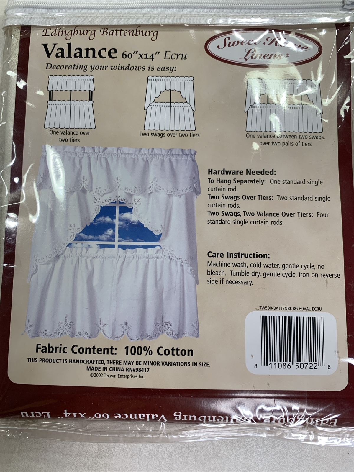 Battenburg Valance Ecru Cotton Lace Handcrafted NEW 14” X 60” Granny Cottagecore