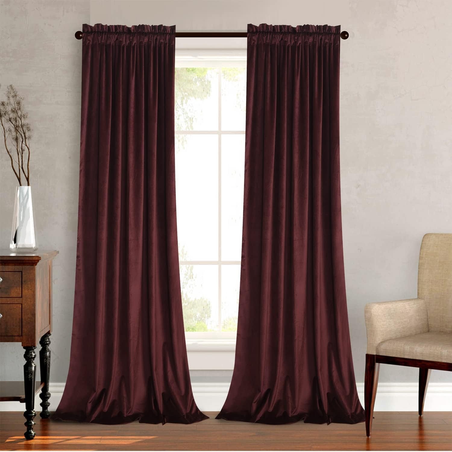 Velvet Ruby Wine Curtain 120 inch Long – Curtains Block Light Rod Pocket Thermal