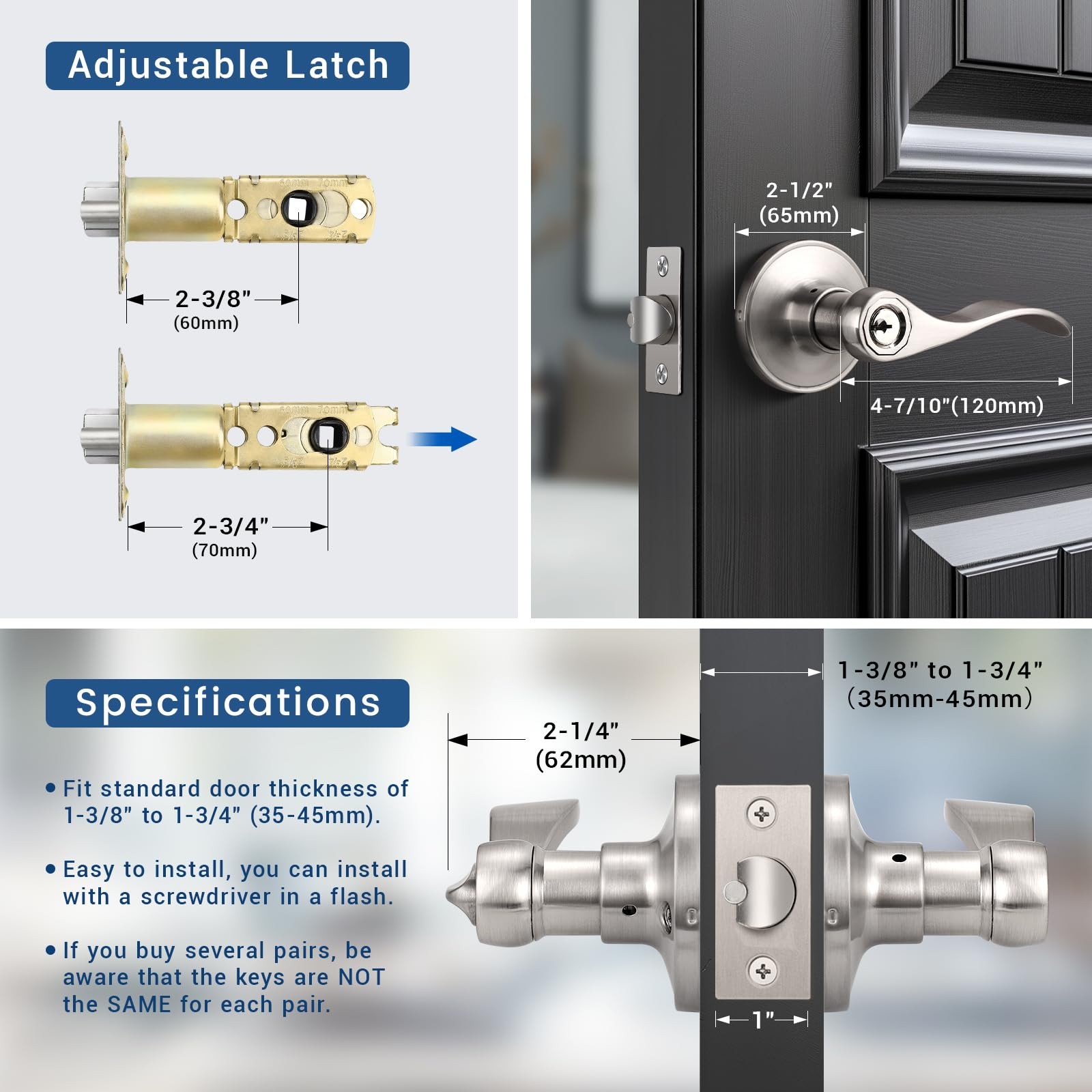 Knobonly 2 Pack Keyed Bathroom/Bedroom Door Lock Satin Nickel Front Door Handle