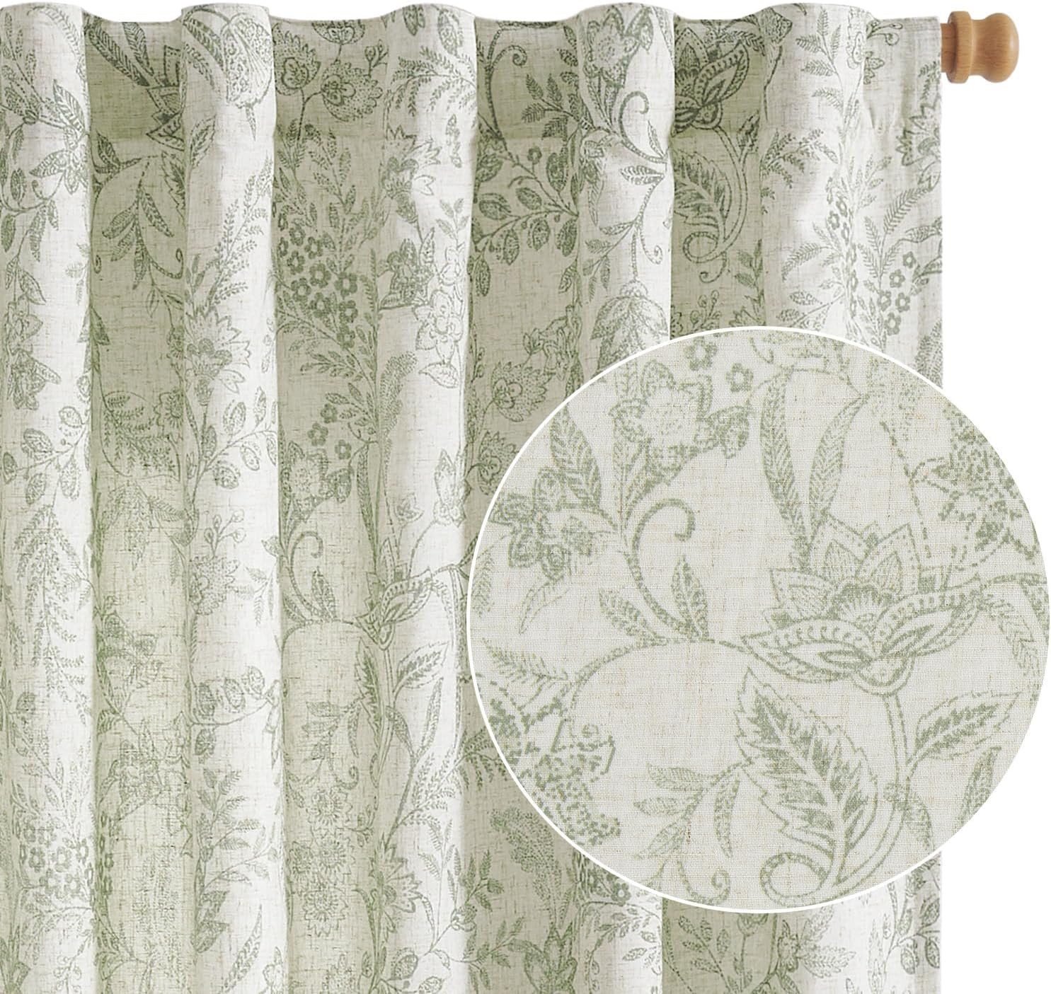 Floral Linen Curtains 96″ Green Flower Drapes for Bedroom & Living Room Set of 2