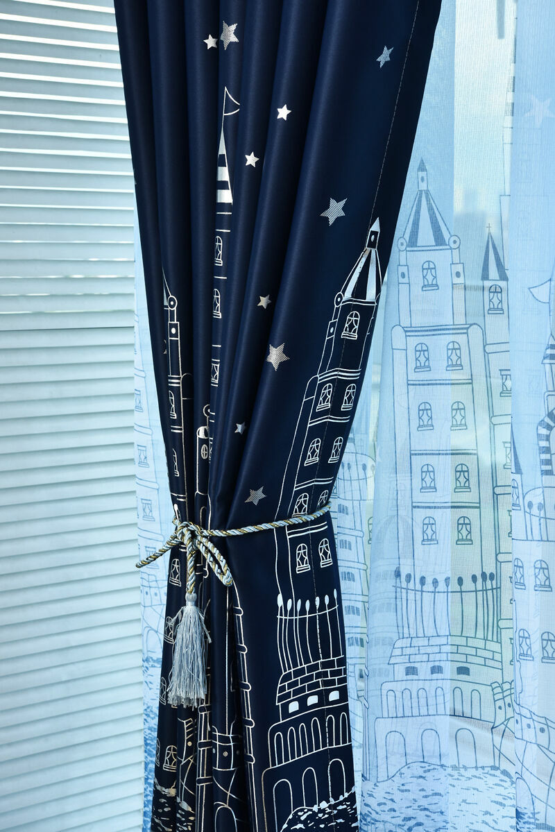Water Castle Silver Plating Blockout Dark Blue Cloth Curtains Sheer 1 Panel 96″