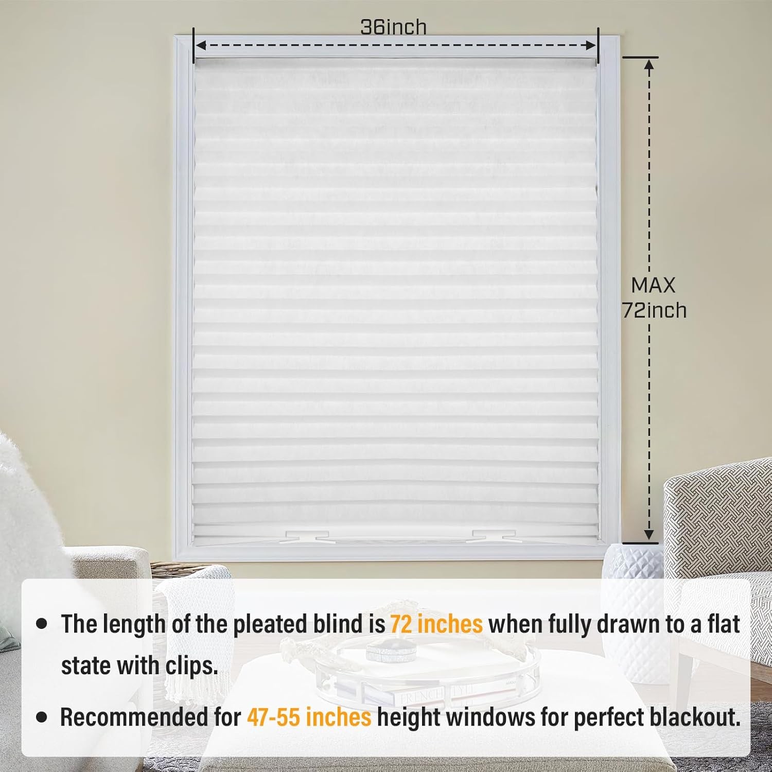 6 Packs Cordless Pleated Light Filtering Window Shade 36 in x 72 in Easy to Cut